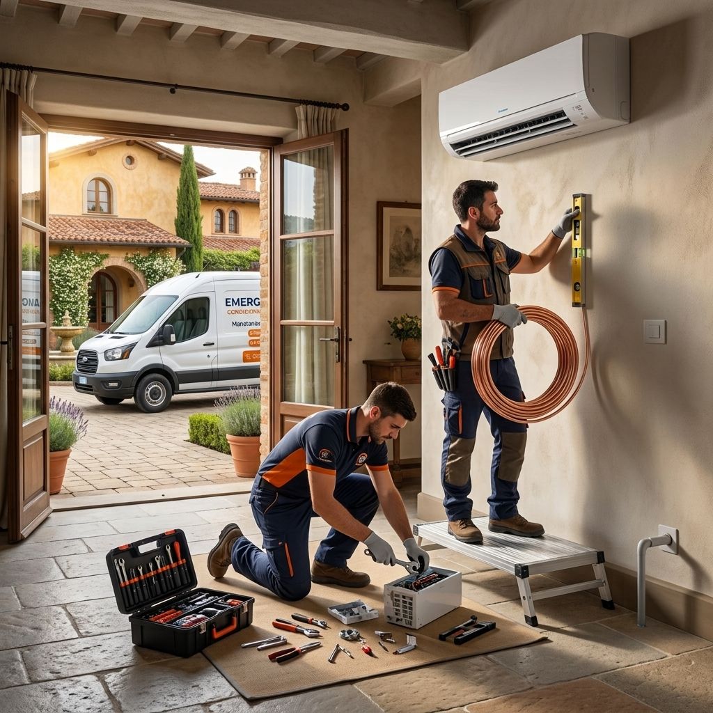 Tecnici Emergenza Clima installano un condizionatore in una casa toscana